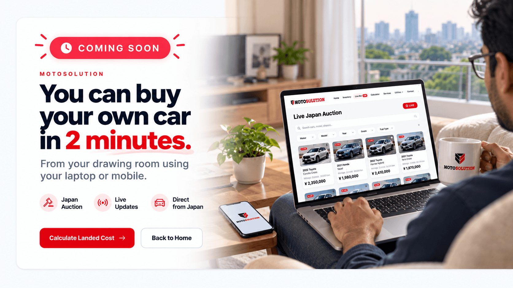 MOTOSOLUTION Live Bid — Coming Soon. You can buy your own car in 2 minutes from your drawing room.